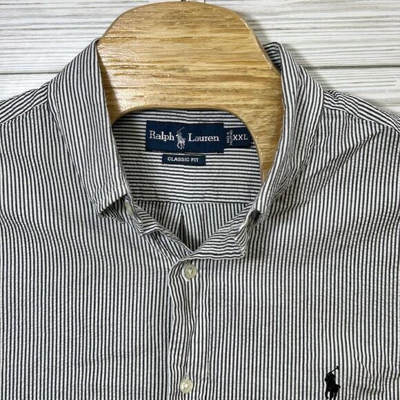 Ralph Lauren Shirt Men 2XL Navy White Stripe Short‎ Sleeve SeerSucke Classic Fit - Picture 1 of 8